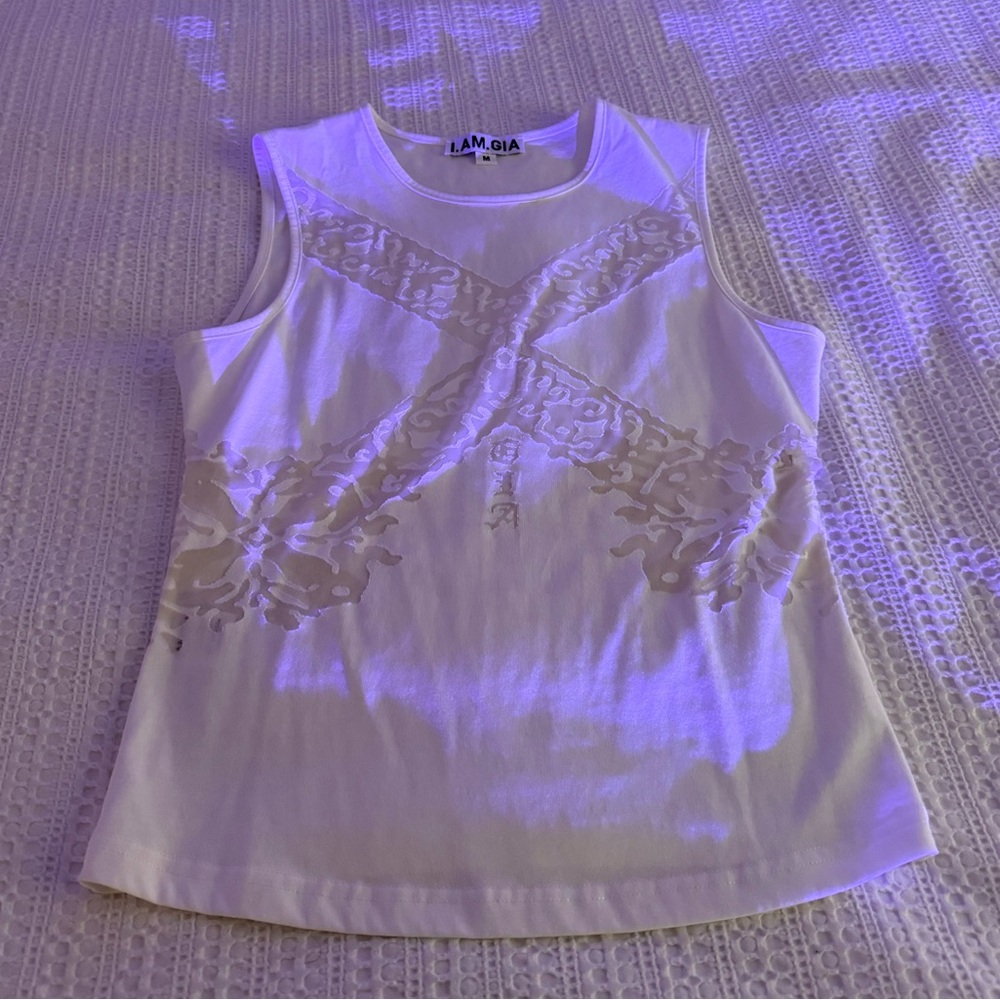 I.AM.GIA Ivory Sleeveless Lace Appliqué Top | Distressed Detail | Size M